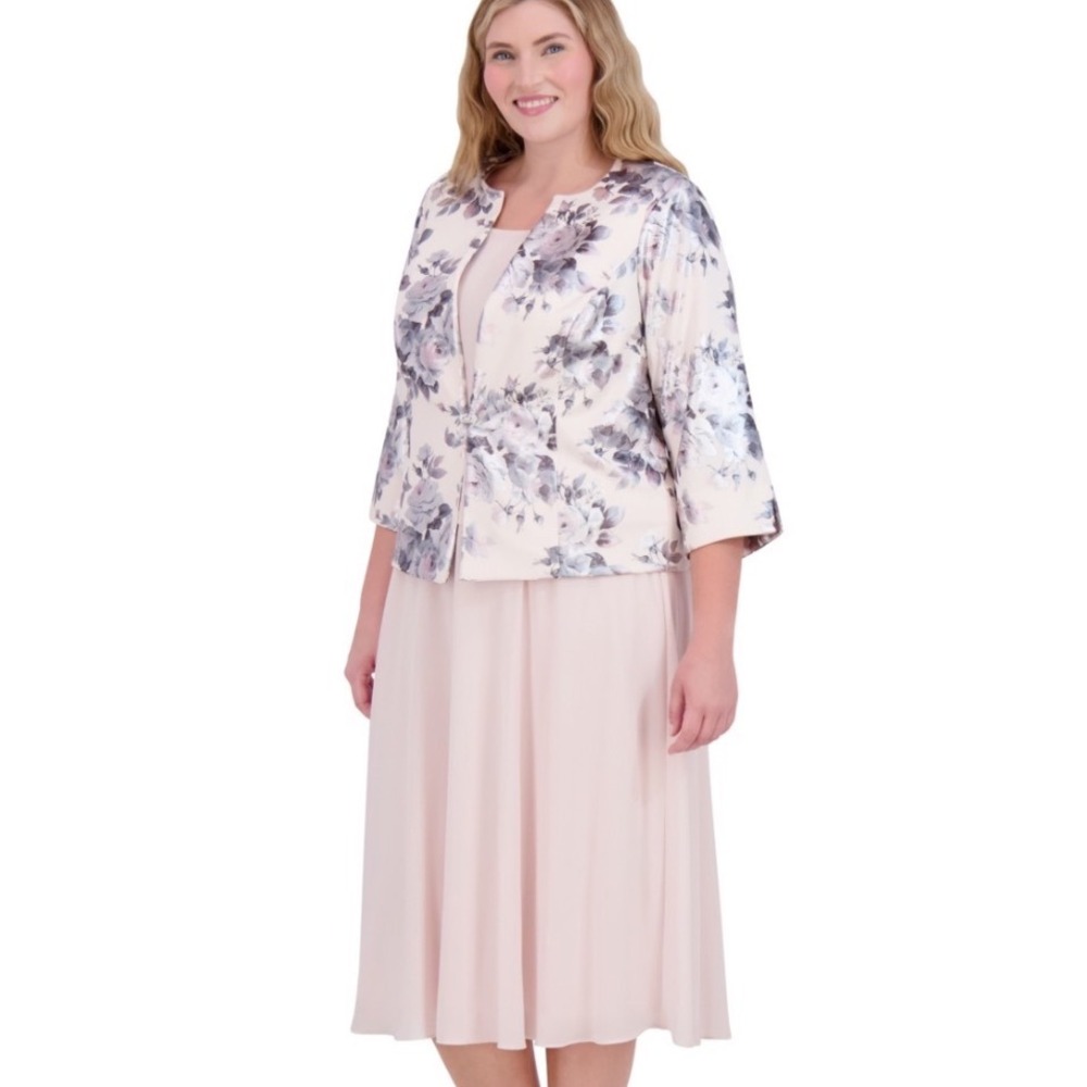 Jessica Howard Dress Set Women 18W NWT Floral Jacket Blush Pink Midi MSRP $179